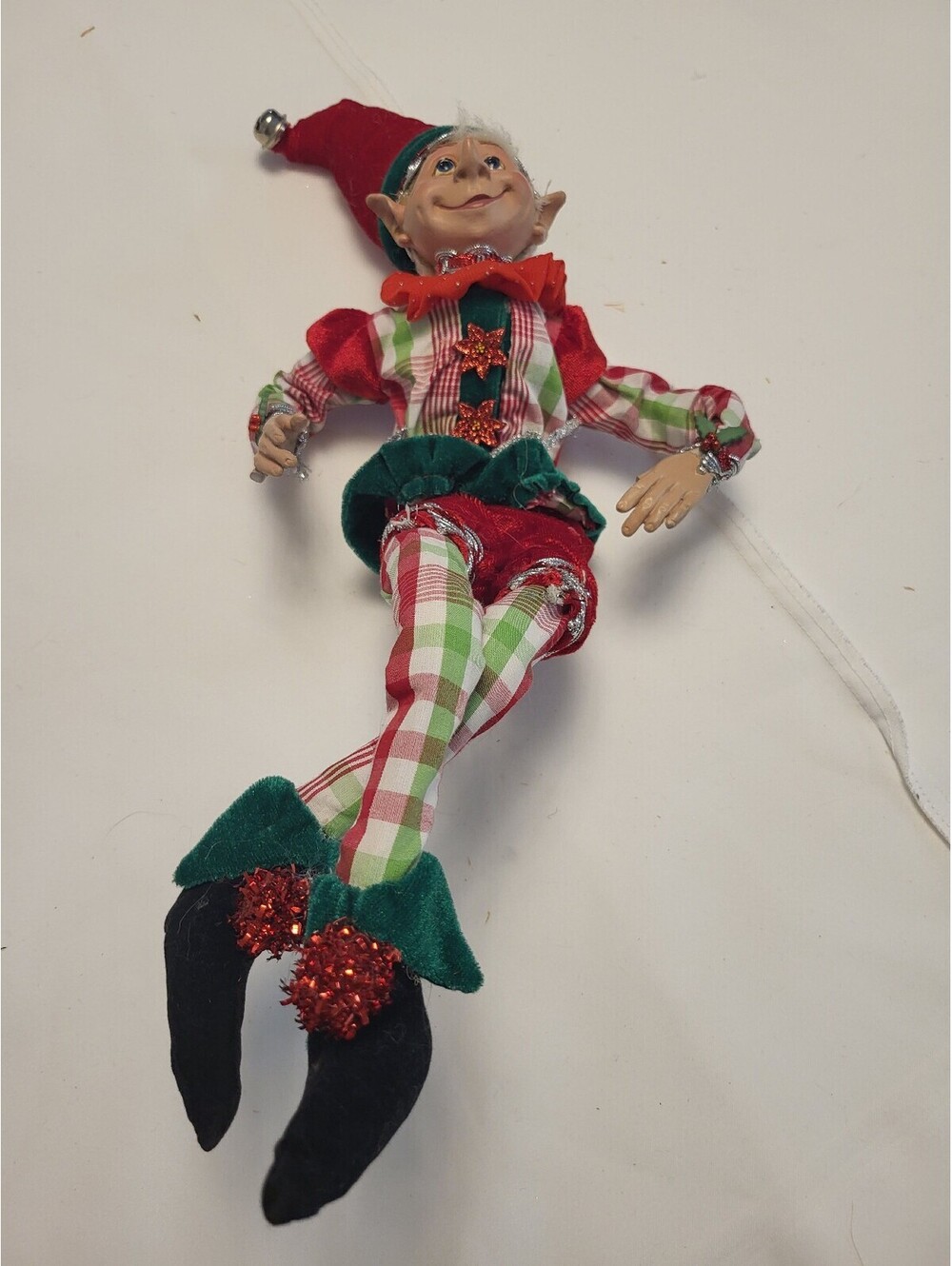 Vintage Christmas Elf Figurine with Plaid Outfit and Velvet Accents 17.5x16